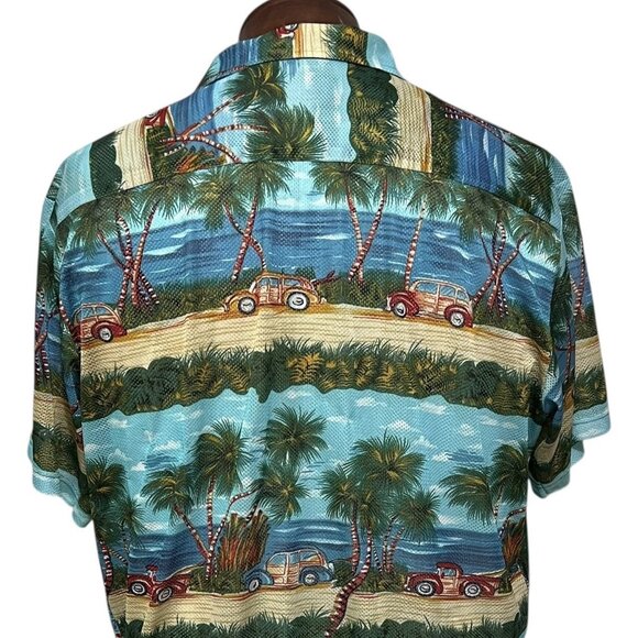 Vintage Ocean Current Hawaiian Shirt Mens XL Old Cars Palm Trees Beach Scene - Picture 6 of 8